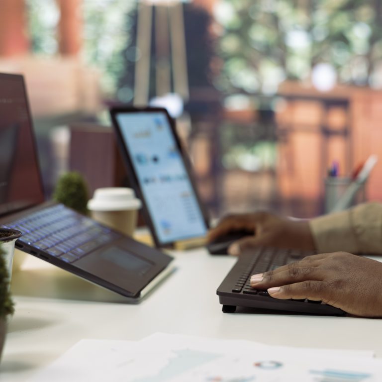 Tech startup founder programming AI software and database, focusing on data processing, machine learning and developing algorithms to drive business growth. Binary code encryption. Close up.